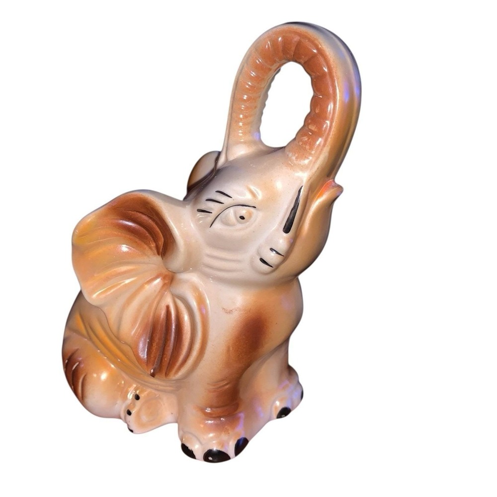 Vintage Lusterware Ceramic Elephant  Made in Brazil  1970 Good Luck Trunk Up